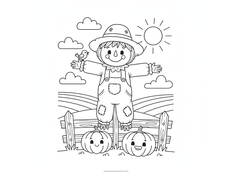 Scarecrow coloring page with a smiling straw-hatted scarecrow, a small bird, two pumpkins and a fence - free printable for kids