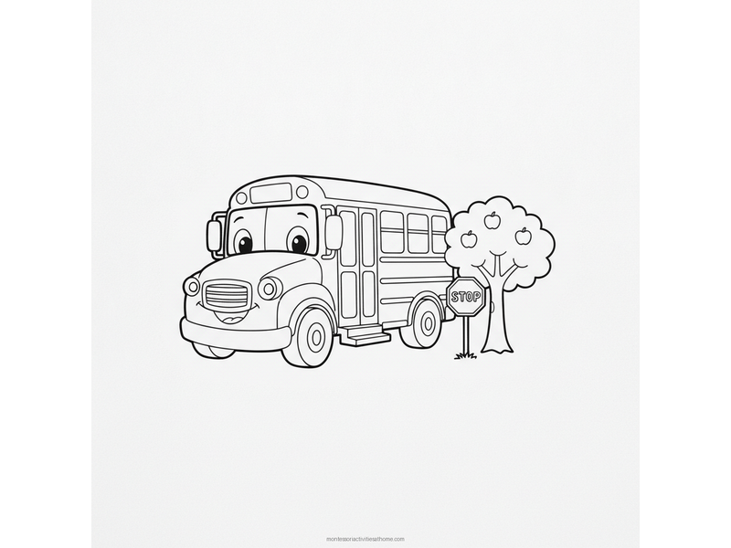 School bus coloring page with a smiling yellow bus, a stop sign and a tree - free printable for kids