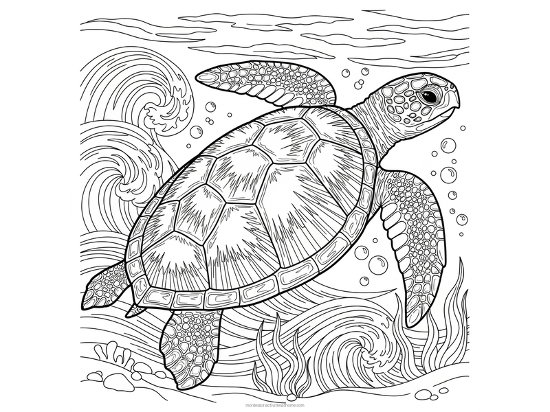 Detailed sea turtle coloring page with a patterned shell, waves and seaweed - free printable