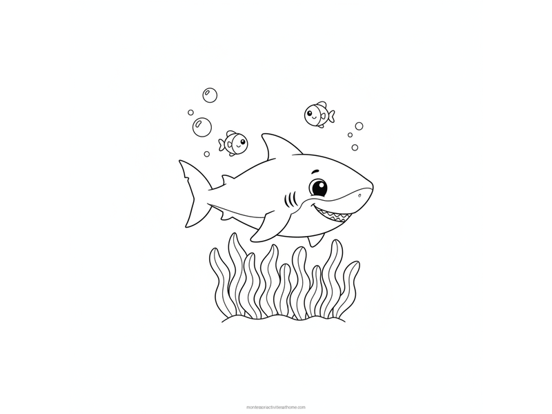 Shark coloring page with a friendly smiling shark, small fish, seaweed and bubbles - free printable for kids