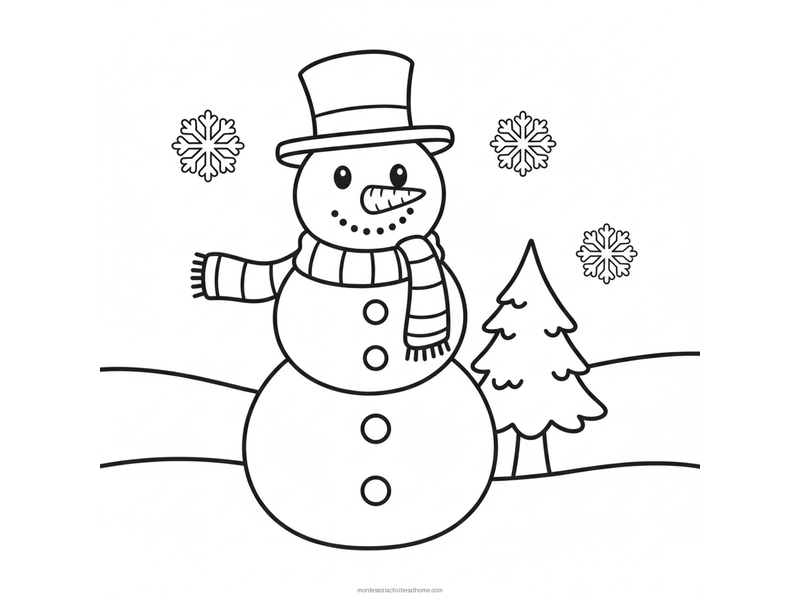 Snowman coloring page with a smiling three-ball snowman wearing a hat and scarf, a small fir tree and falling snowflakes - free printable for kids
