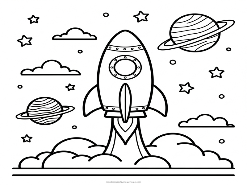 Space rocket coloring page with planets and stars - free printable for kids