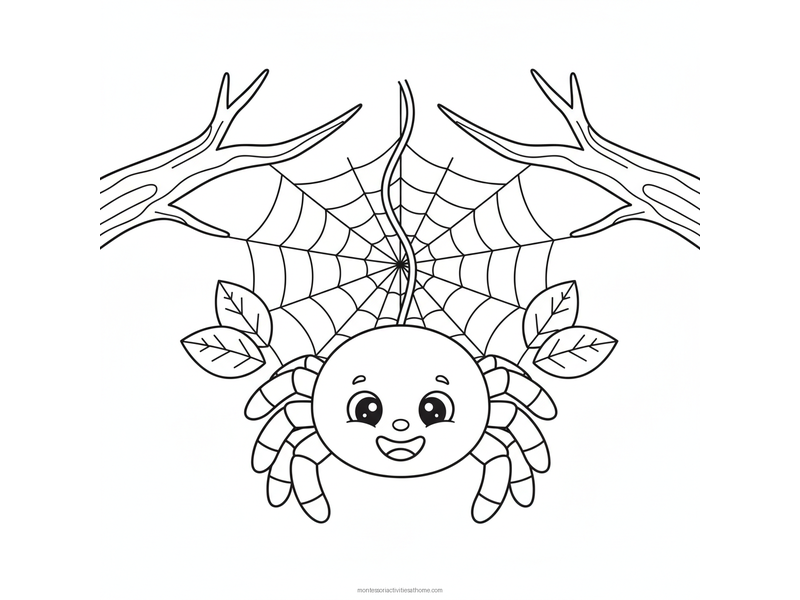 Spider coloring page with a friendly smiling spider hanging from a web between two branches - free printable for kids
