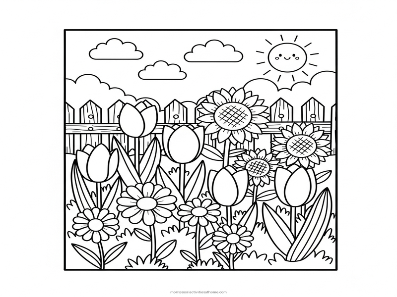 Spring flowers coloring page with tulips daisies sunflowers - free printable