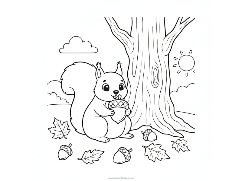 Squirrel coloring page with a bushy-tailed squirrel holding an acorn beside a tree trunk and fallen leaves - free printable for kids
