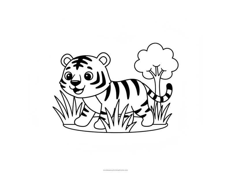 Tiger coloring page with a friendly striped tiger walking through tall grass past a small tree - free printable for kids