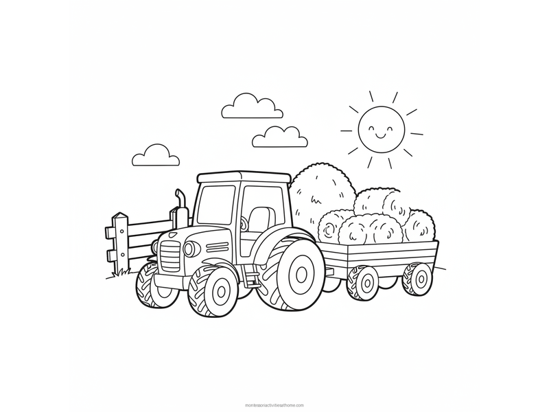 Tractor coloring page with a farm tractor pulling a trailer of hay past a fence - free printable for kids