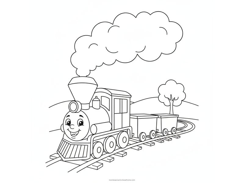 Train coloring page with a smiling steam engine, two carriages, a tree and hills - free printable for kids