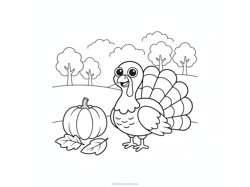 Turkey coloring page with a smiling turkey fanning its tail feathers beside a pumpkin - free printable for kids