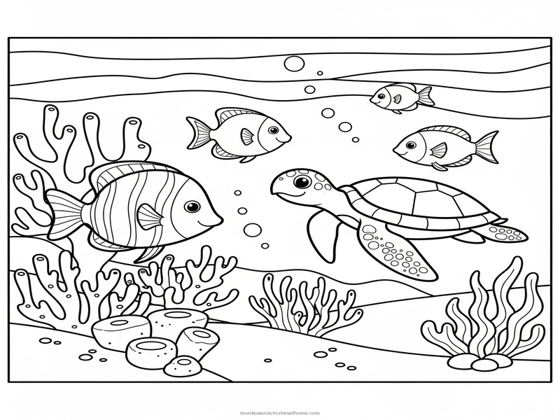 Underwater scene coloring page with fish coral sea turtle - free printable