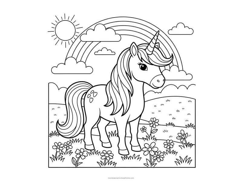 Unicorn coloring page with a flowing mane, meadow flowers and a rainbow - free printable for kids