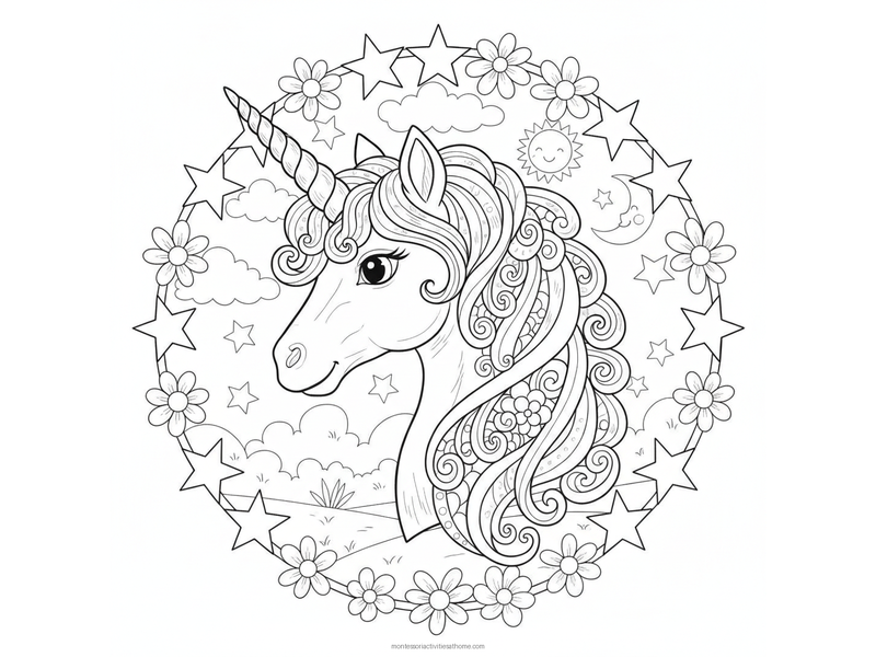 Unicorn mandala coloring page with a spiralled horn and a patterned mane framed by stars and flowers - free detailed printable