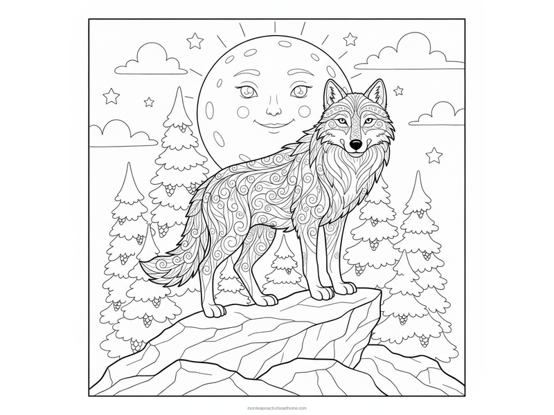 Detailed wolf coloring page with layered patterned fur, pine trees and a full moon - free printable