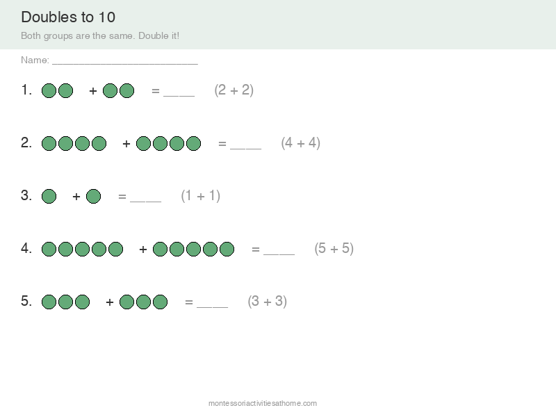 Free printable doubles to 10 addition worksheet for kindergarten