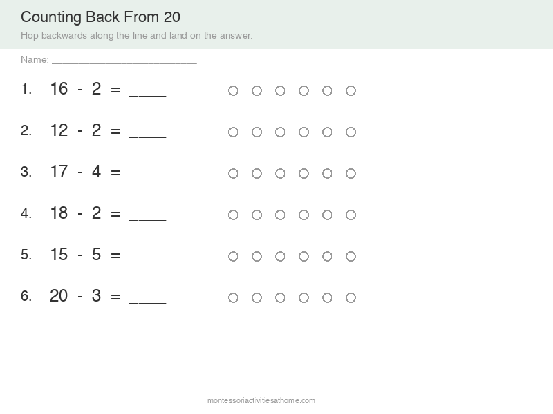 Free printable counting back from 20 subtraction worksheet for first grade