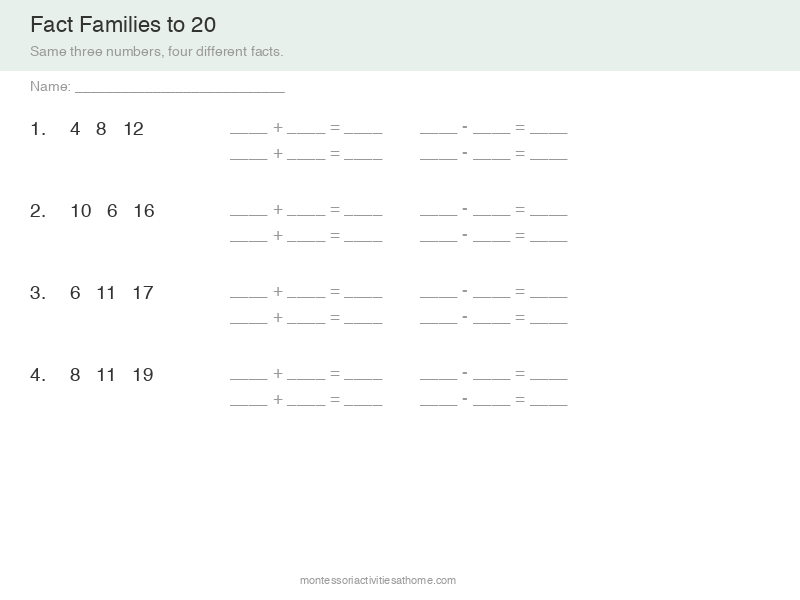 Free printable fact families to 20 worksheet for first grade
