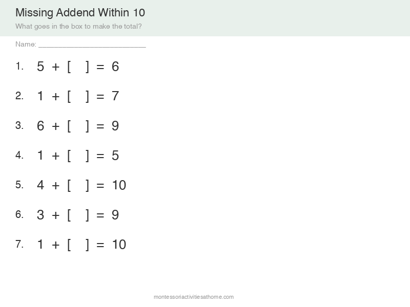 Free printable missing addend within 10 worksheet for kindergarten