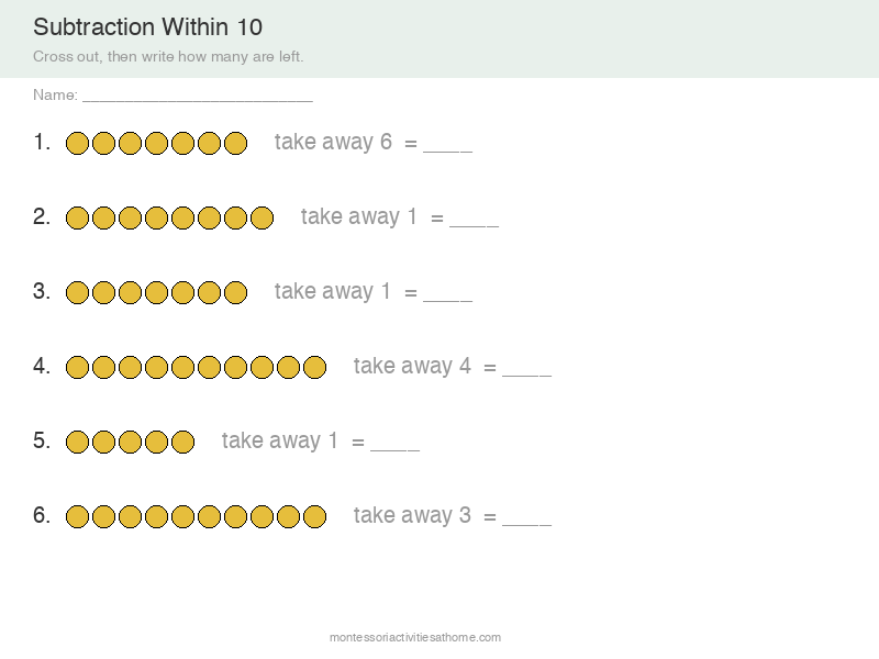 Free printable subtraction within 10 worksheet for first grade with counters to cross out