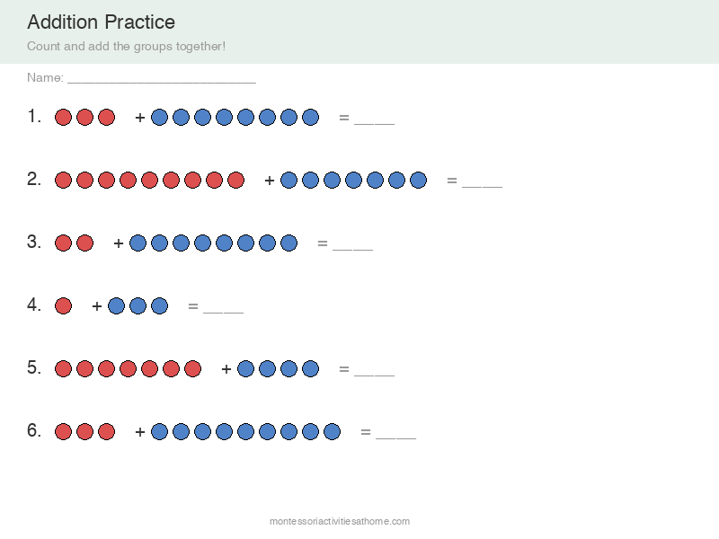 Addition within 20 worksheet with red and blue counters - free printable math practice