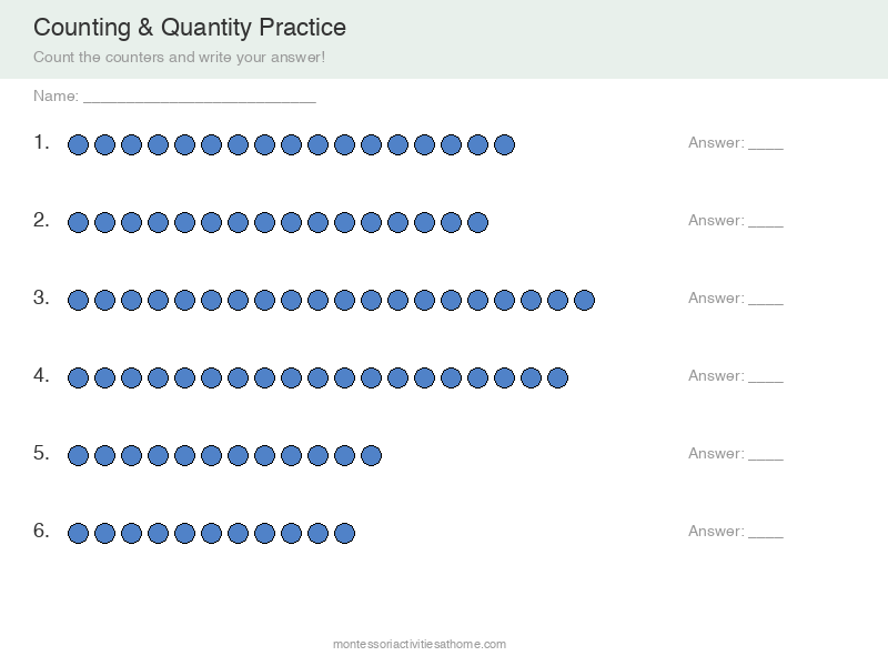 Counting 10 to 20 worksheet with counters - free printable for kindergarten