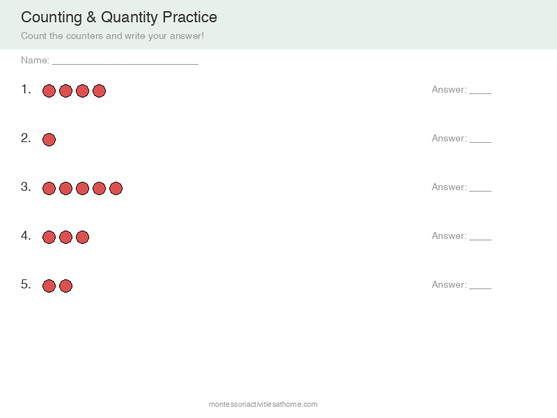 Counting 1 to 5 worksheet with colorful counters - free printable for preschool
