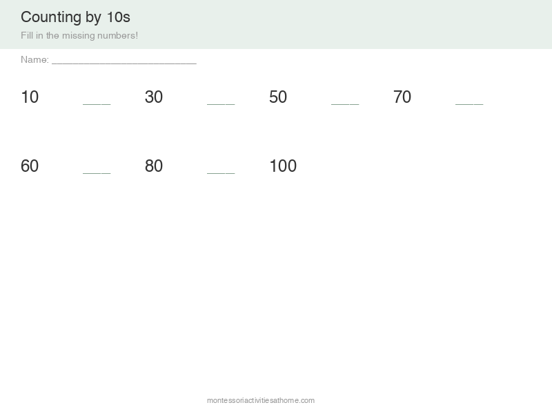 Skip counting by 10s worksheet - free printable number pattern practice