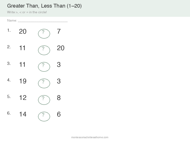 Greater than less than worksheet for numbers 1 to 20 - free printable comparison practice