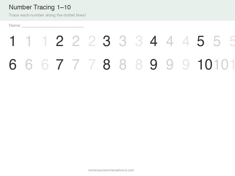 Number tracing 1 to 10 worksheet - free printable for preschool handwriting practice
