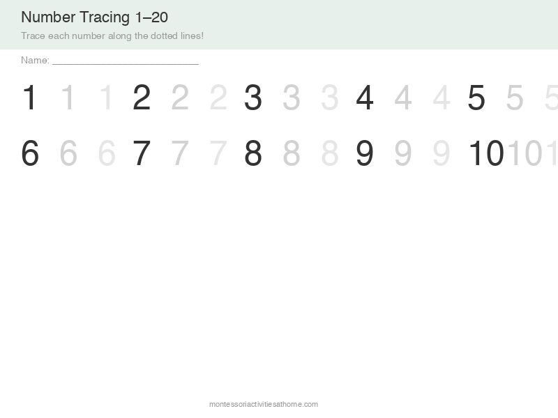 Number tracing 1 to 20 worksheet - free printable for kindergarten handwriting practice