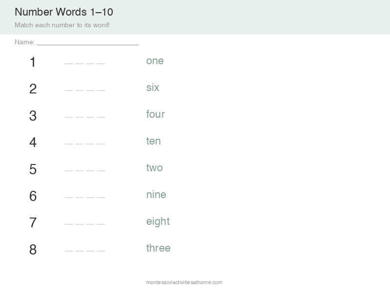 Number words 1 to 10 matching worksheet - free printable for kindergarten