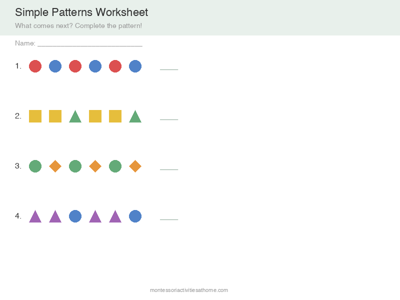 Simple patterns worksheet with colorful shapes - free printable for preschool