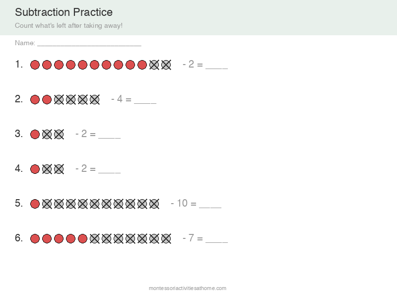 Subtraction within 20 worksheet with crossed-out counters - free printable math practice
