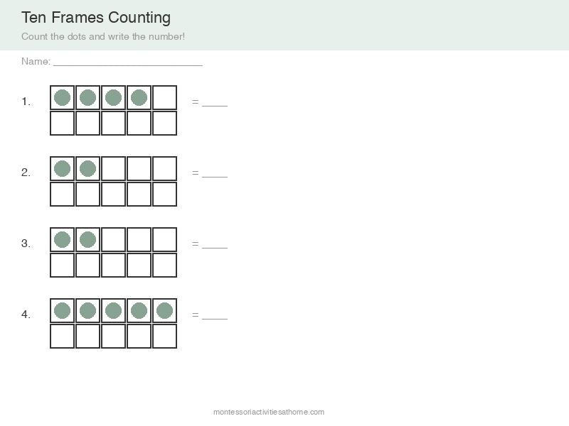 Ten frames counting worksheet with filled dots - free printable for kindergarten math