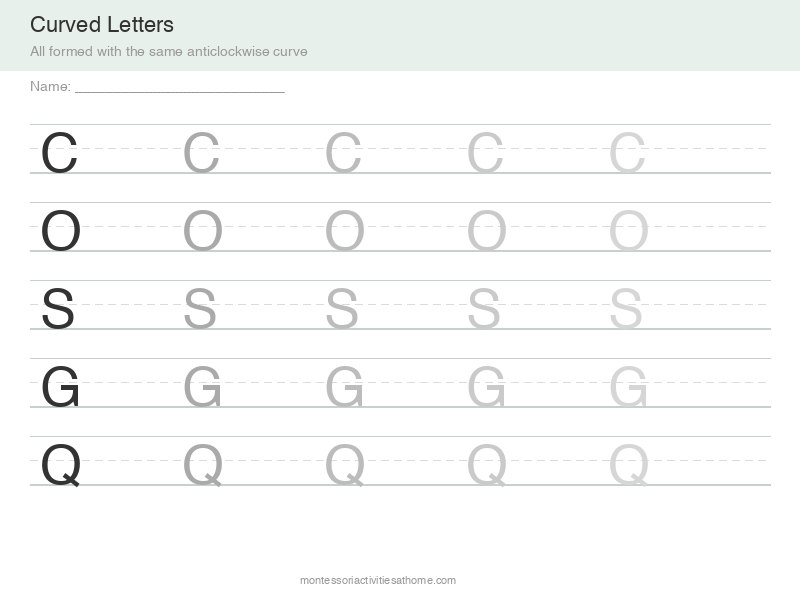 Curved letter tracing worksheet - free printable C O S G Q practice for preschool handwriting