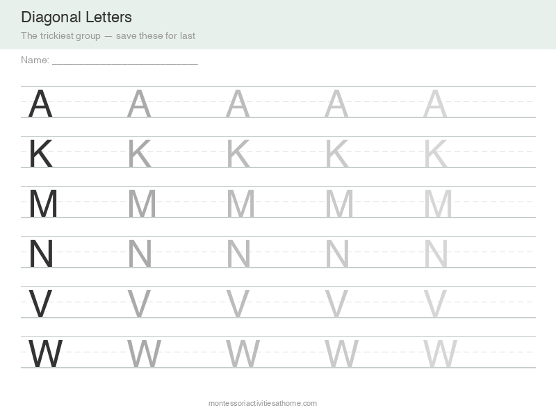Diagonal letter tracing worksheet - free printable A K M N V W practice for preschool and kindergarten