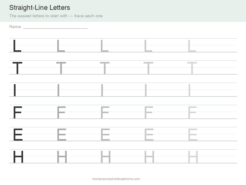 Straight-line letter tracing worksheet - free printable L T I F E H practice for preschool