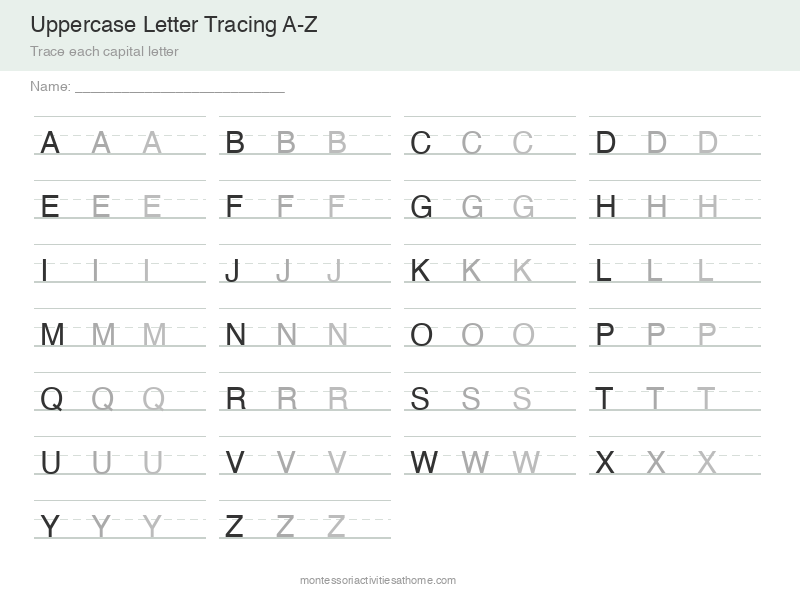 Uppercase letter tracing worksheet A to Z - free printable capital alphabet practice for preschool