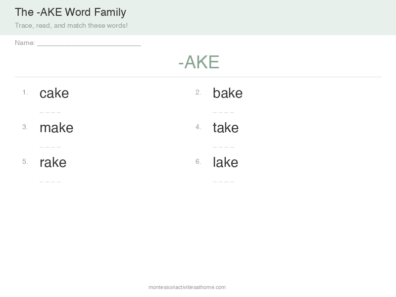 AKE word family worksheet with cake lake make bake - free printable phonics practice