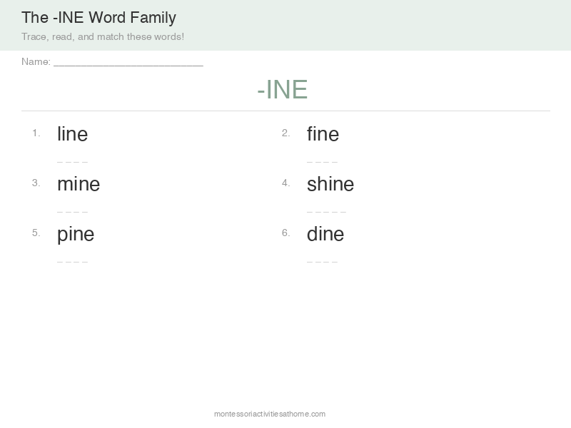 INE word family worksheet with line mine fine pine - free printable phonics practice