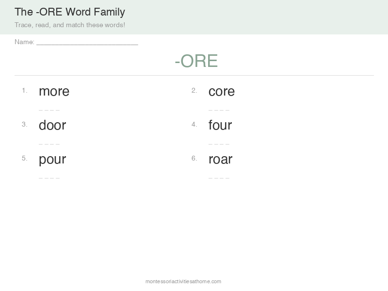 ORE word family worksheet with more core store score - free printable phonics practice
