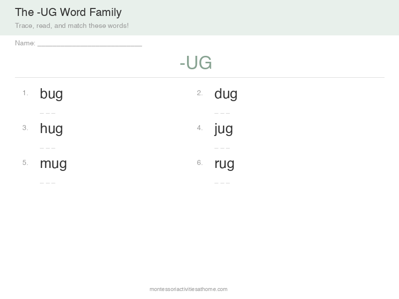 UG word family worksheet with bug rug mug hug - free printable phonics practice