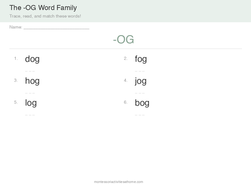 OG word family worksheet with dog log fog hog - free printable phonics practice