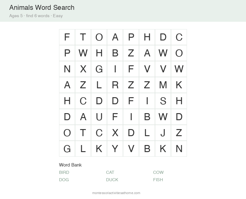 Free printable animals word search for 5 year olds &mdash; 8x8 grid with 6 hidden words