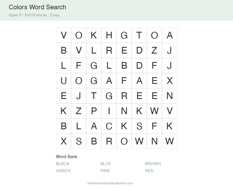 Free printable colors word search for 5 year olds &mdash; 8x8 grid with 6 hidden words
