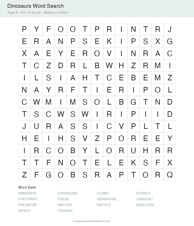 Free printable dinosaurs word search for 8 year olds &mdash; 13x13 grid with 14 hidden words