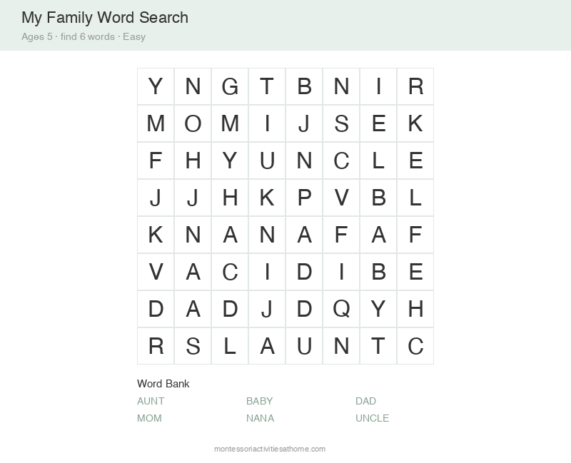 Free printable my family word search for 5 year olds &mdash; 8x8 grid with 6 hidden words