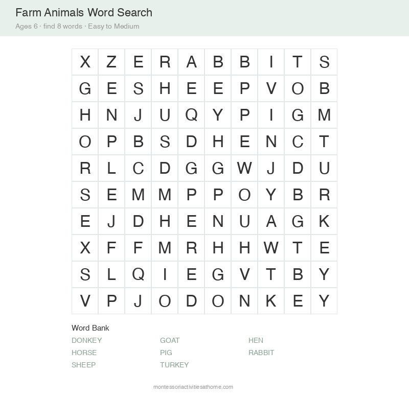 Free printable farm animals word search for 6 year olds &mdash; 10x10 grid with 8 hidden words