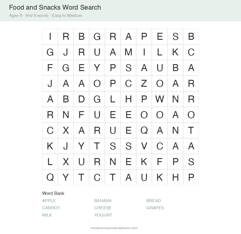 Free printable food and snacks word search for 6 year olds &mdash; 10x10 grid with 8 hidden words