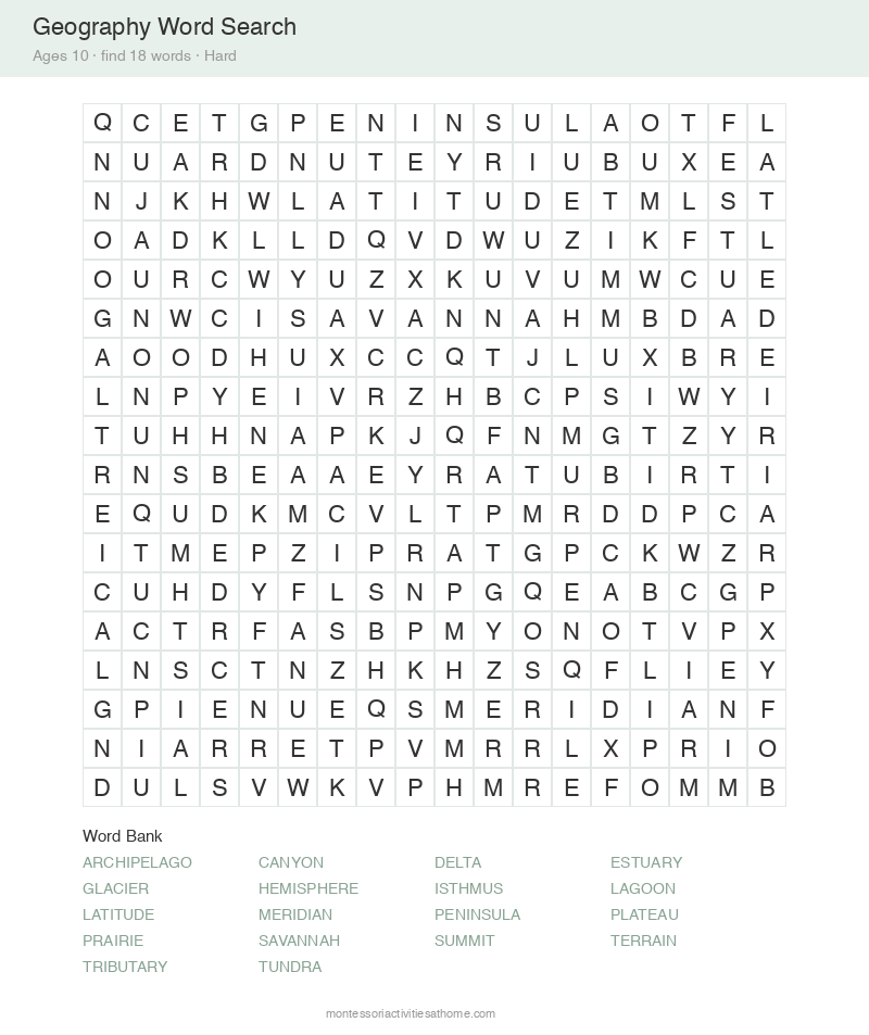 Free printable geography word search for 10 year olds &mdash; 18x18 grid with 18 hidden words