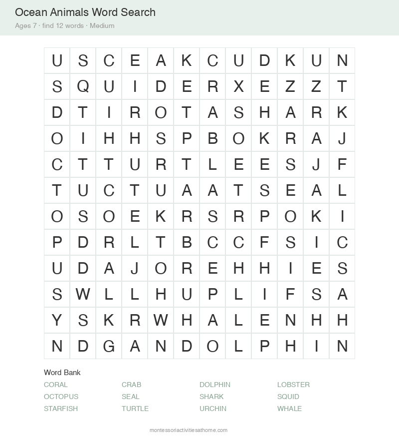Free printable ocean animals word search for 7 year olds &mdash; 12x12 grid with 12 hidden words